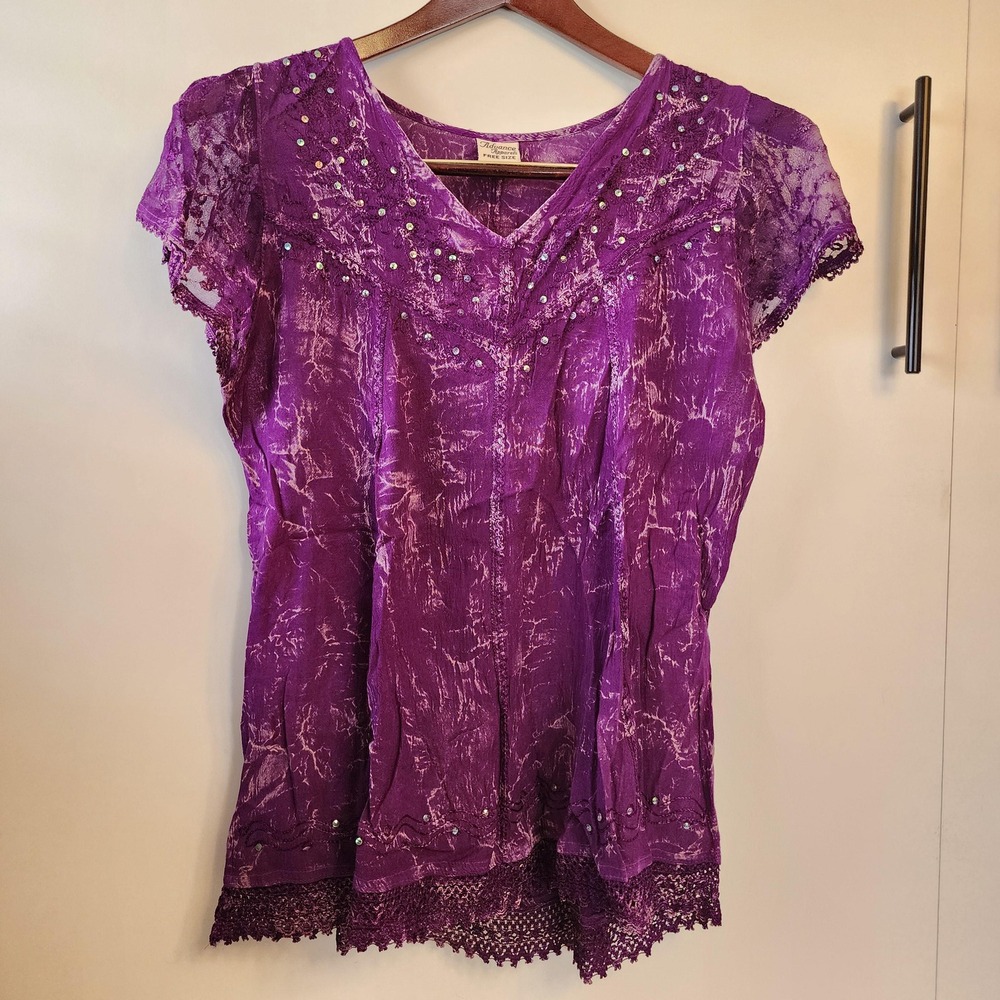 90s Purple Short Sleeved Top with Lace and Embellishments by Advanced Apparel